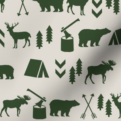 woodland camping tan and hunter green moose bear fabric