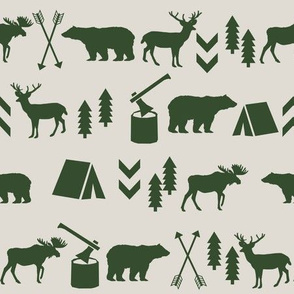 woodland camping tan and hunter green moose bear fabric