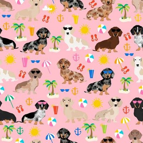 dachshund summer beach fabric - doxie design summer beach day - pink