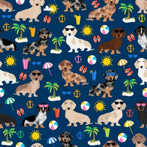 dachshund summer beach fabric - doxie design summer beach day - navy