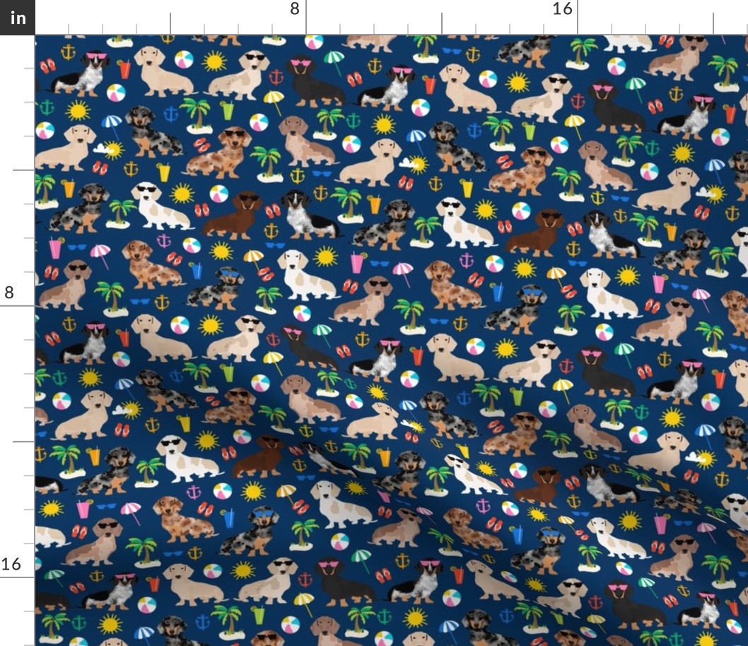 dachshund summer beach fabric - doxie design summer beach day - navy