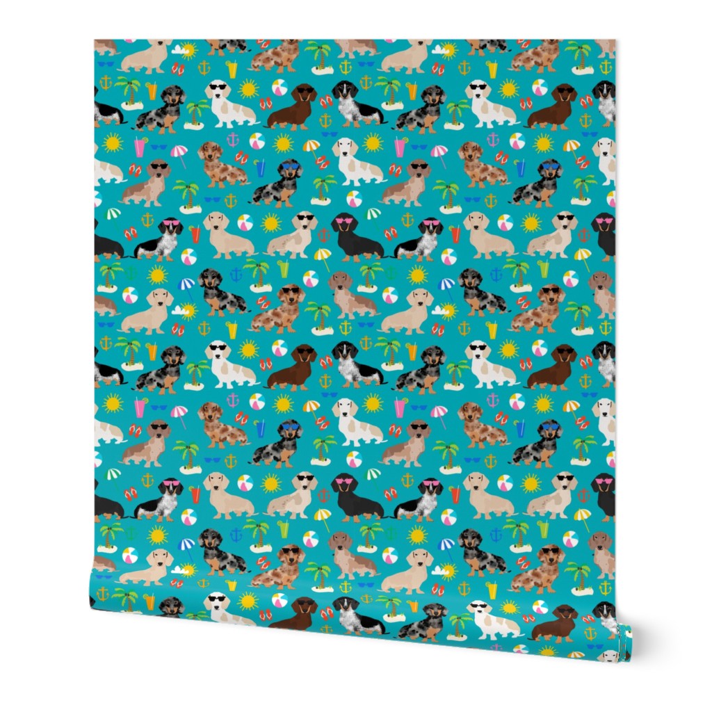 dachshund summer beach fabric - doxie design summer beach day - peacock