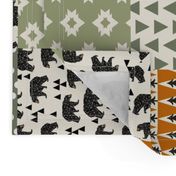 camping quilt // 6" squares wholecloth cheater quilt green orange brown outdoors rustic woodland forest bear 