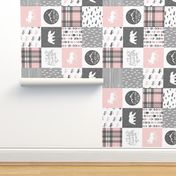 Pink and Grey Fearfully and Wonderfully Made (90) - Patchwork woodland quilt top 