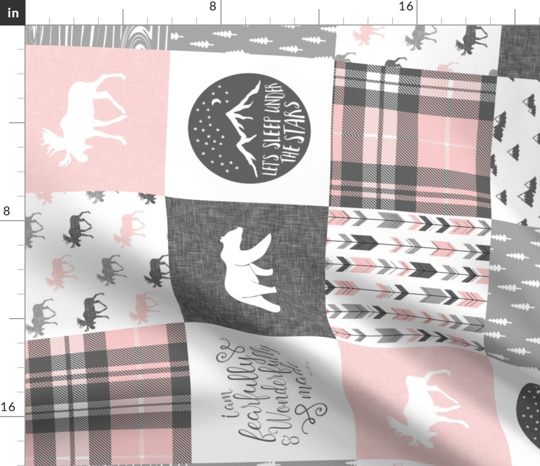 Pink and Grey Fearfully and Wonderfully Made (90) - Patchwork woodland quilt top 