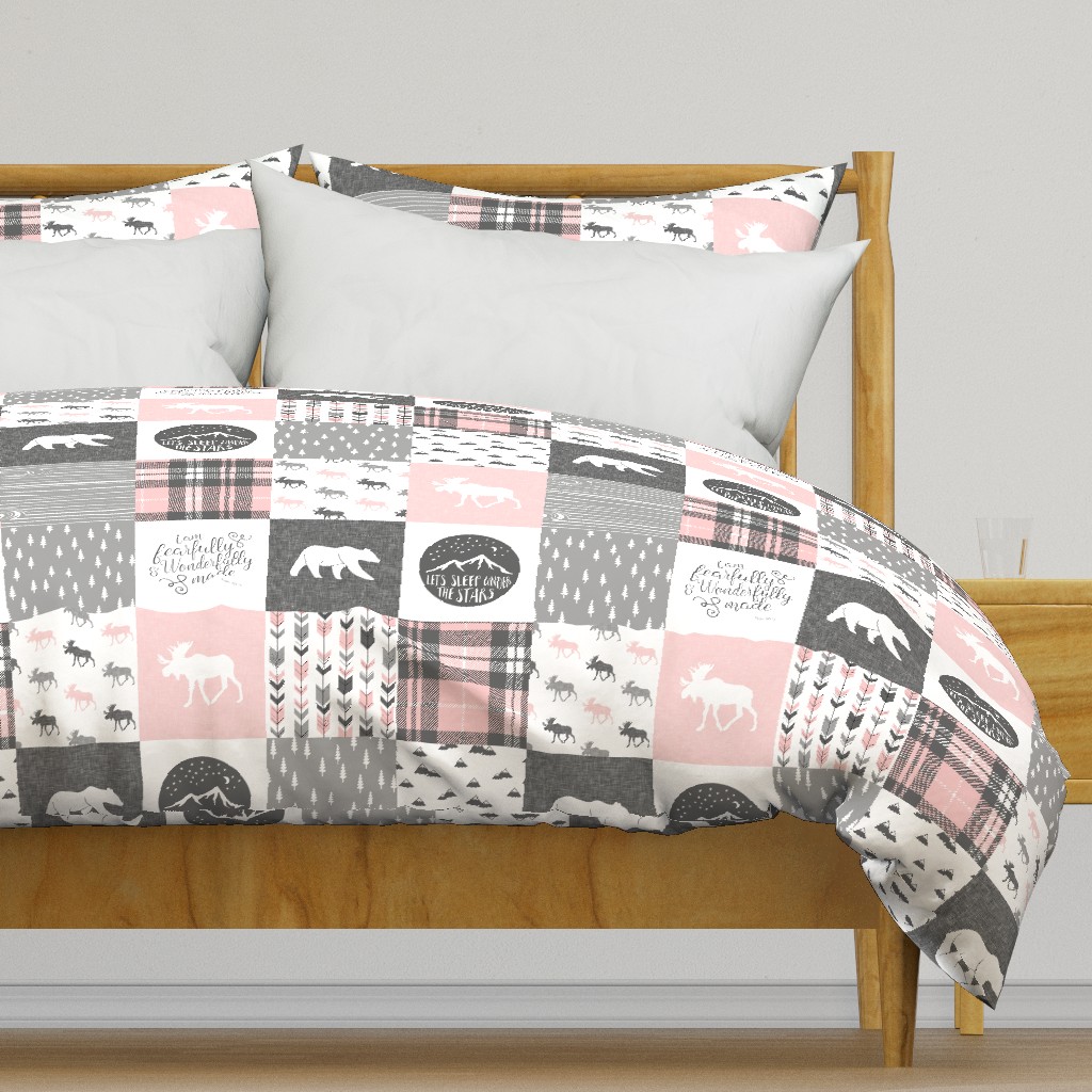 Pink and Grey Fearfully and Wonderfully Made - Patchwork woodland quilt top 