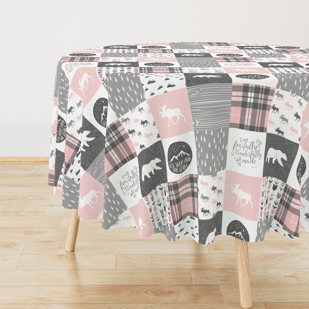 Pink and Grey Fearfully and Wonderfully Made - Patchwork woodland quilt top 