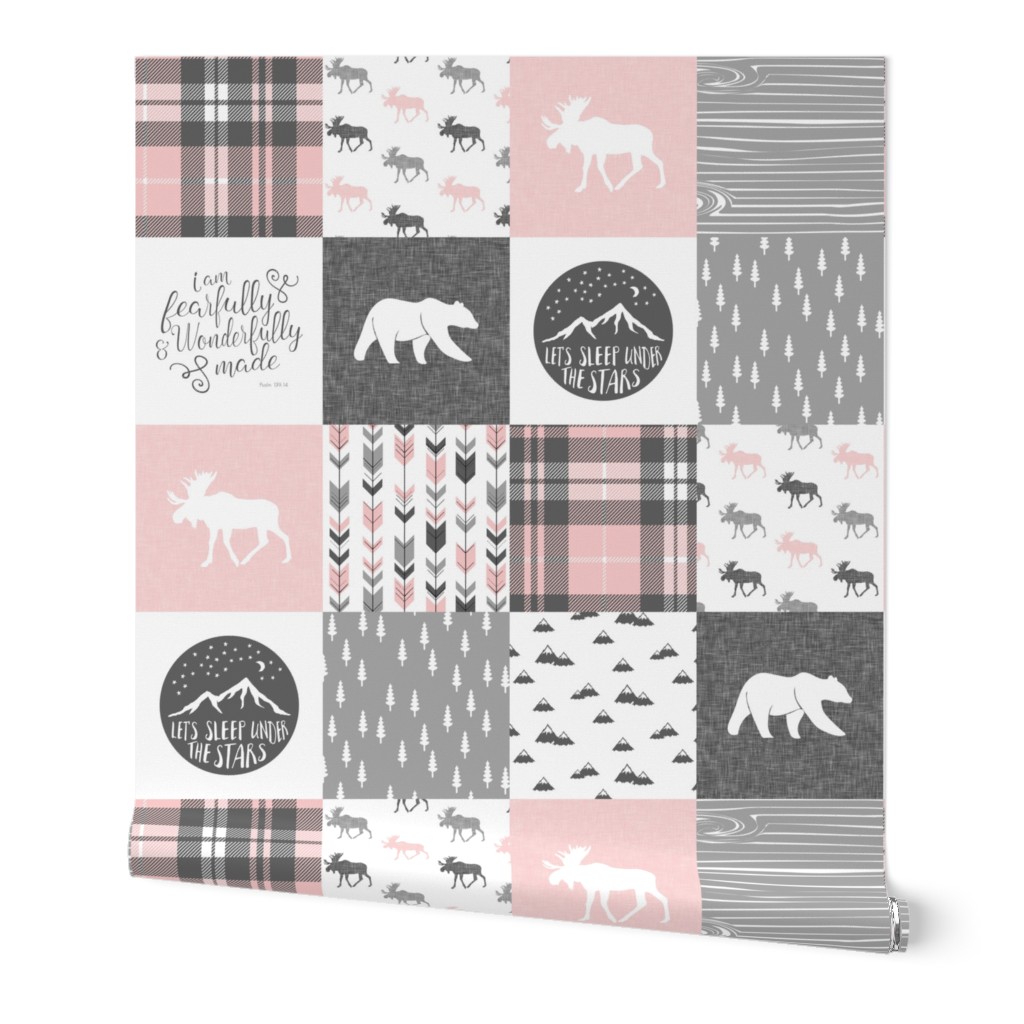 Pink and Grey Fearfully and Wonderfully Made - Patchwork woodland quilt top 