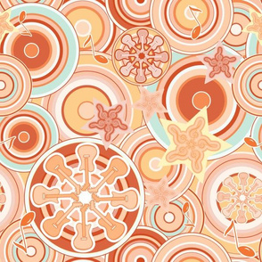 Seventies Bohemian Rock Inspired Geometric Circles and Stars in Orange and Blue