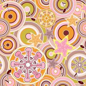 Seventies Bohemian Rock Inspired Geometric Circles and Stars in Pink and Green 