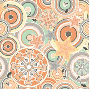 Seventies Bohemian Rock Inspired Geometric Circles and Stars Orange, Green and Grey with Guitars and Music Symbols