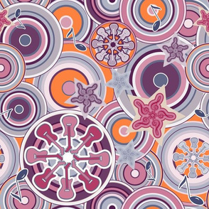 Seventies Bohemian Rock Inspired Geometric Circles and Stars in Purple and Orange