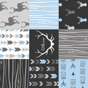 Baby Boy Woodland Wholecloth Rotated- 6' squares - black grey blue deer, antlers, arrows
