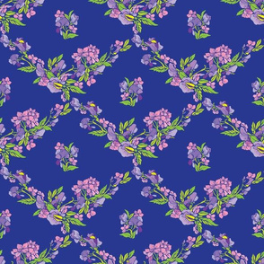 Seamless pattern with flowers on blue backdrop - hand drawn background.