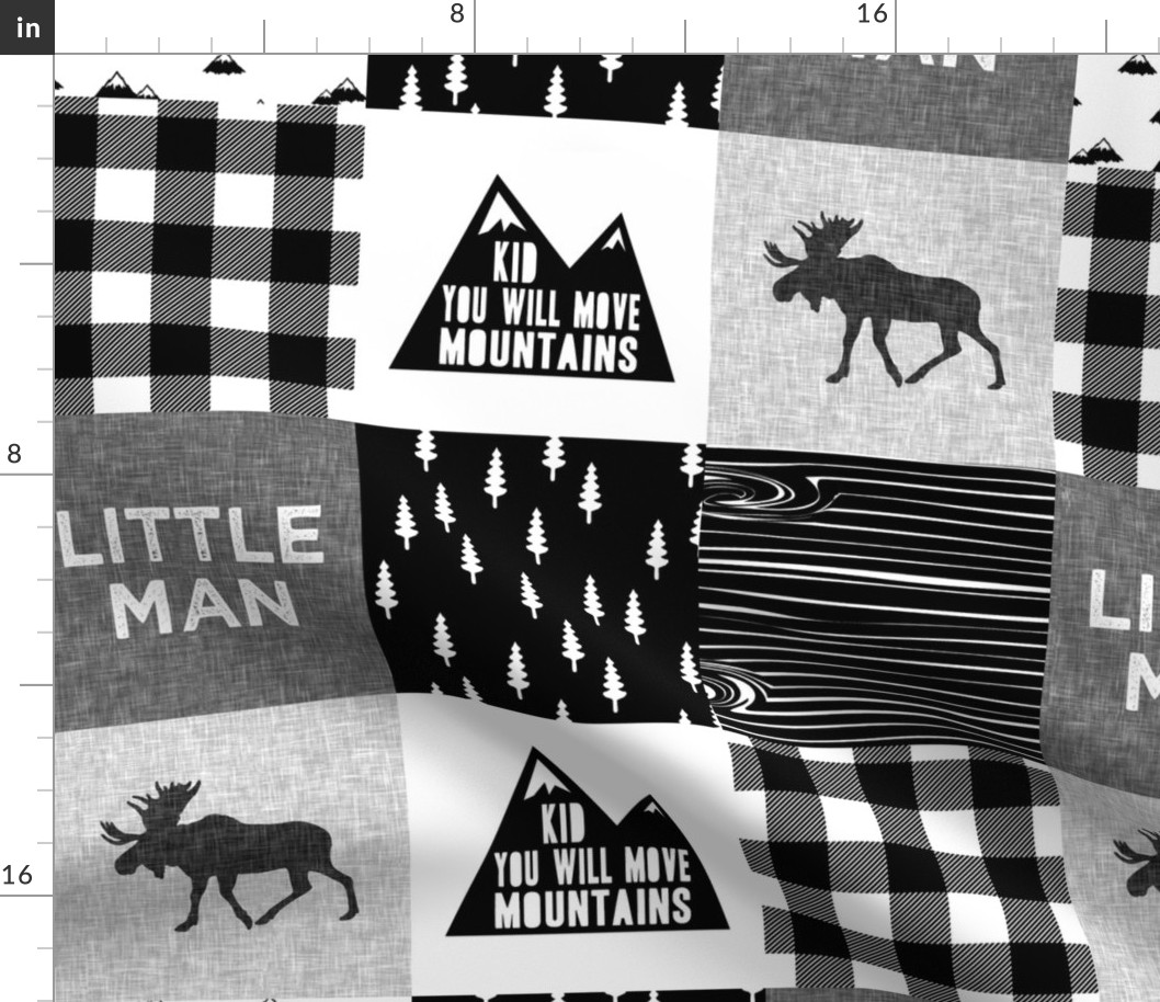 Little Man & You Will Move Mountains Quilt Top - Monochrome 