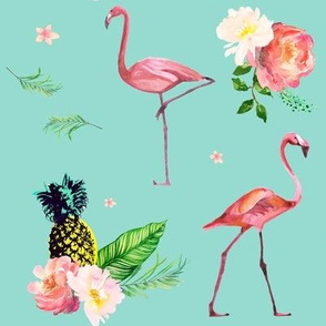 Flamingo Floral Park - Teal 