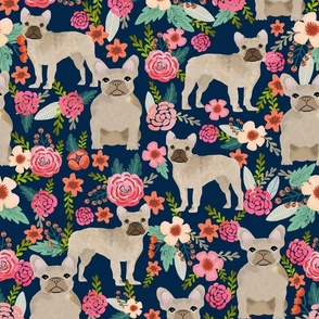 french bulldog floral fabric - fawn frenchie fabric (large format)