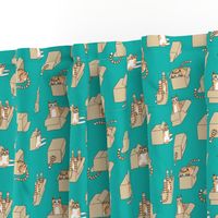 cats in boxes in teal