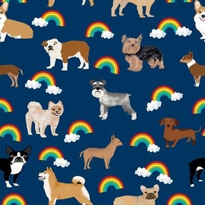 Dogs with Rainbows fabric kawaii cute pet dogs - navy