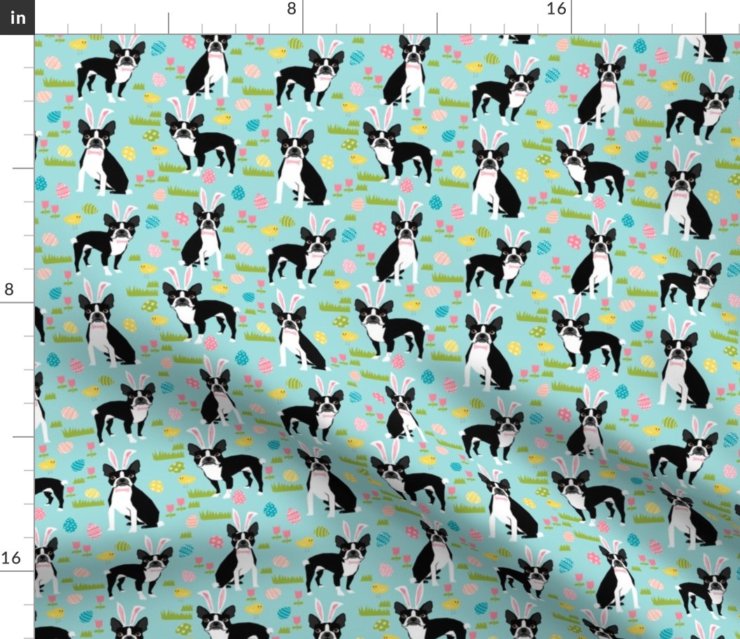 boston terrier easter bunny fabric cute pastel dog design featuring easter eggs spring time chicks and dogs