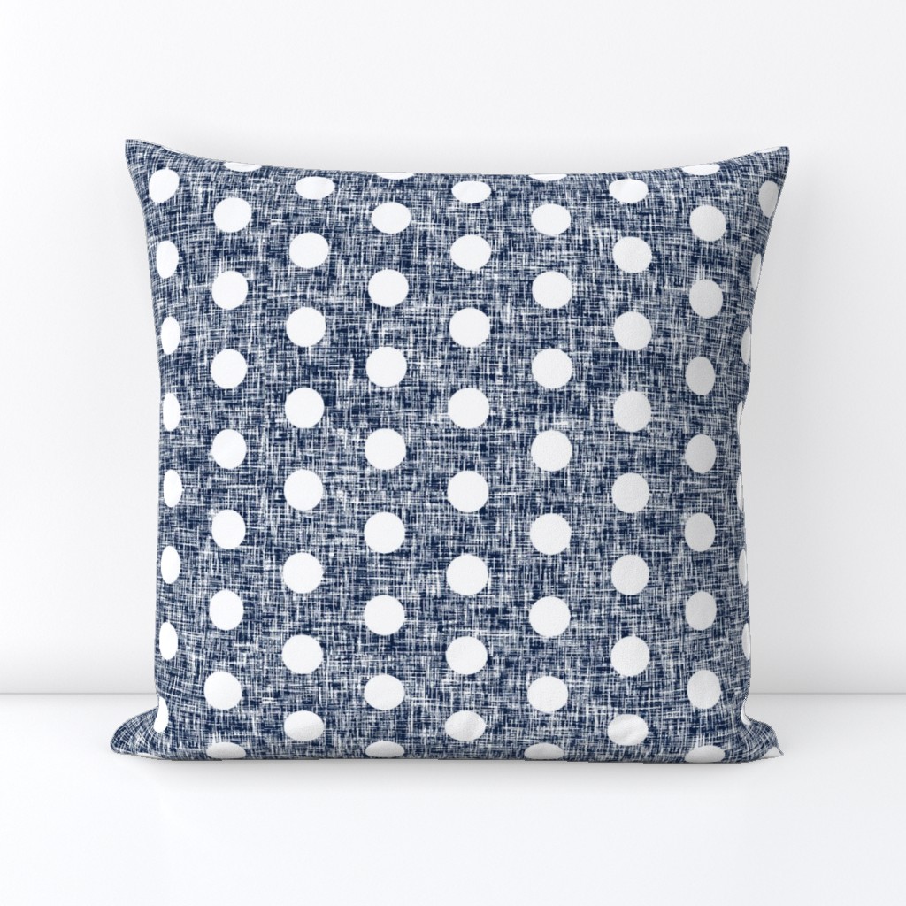 Medium spaced white polka dots on navy + white linen weave by Su_G_©SuSchaefer 