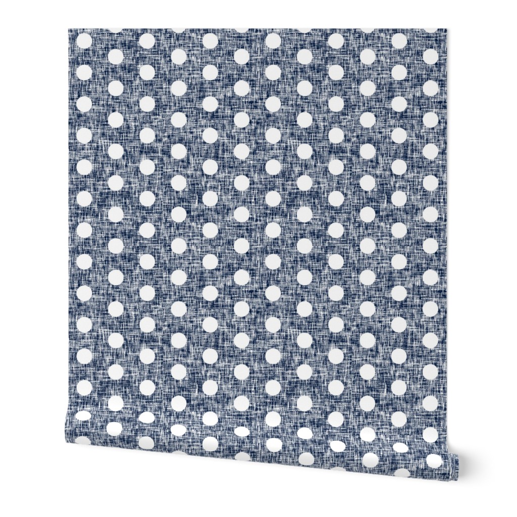Medium spaced white polka dots on navy + white linen weave by Su_G_©SuSchaefer 
