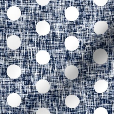 Medium spaced white polka dots on navy + white linen weave by Su_G_©SuSchaefer 