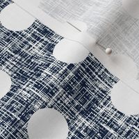 Medium spaced white polka dots on navy + white linen weave by Su_G_©SuSchaefer 