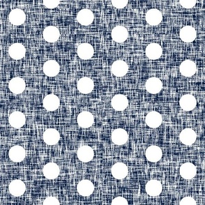 Medium spaced white polka dots on navy + white linen weave by Su_G_©SuSchaefer 