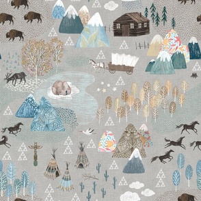 Woodland mountains with buffalos, mustangs, bears and Teepees