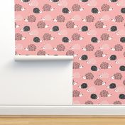 Scandinavian sweet hedgehog illustration for kids gender neutral spring black and white pink apricot