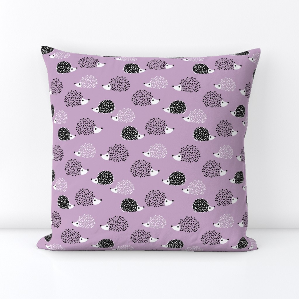 Scandinavian sweet hedgehog illustration for kids gender neutral spring black and white pink lilac violet