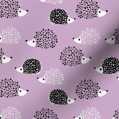 Scandinavian sweet hedgehog illustration for kids gender neutral spring black and white pink lilac violet