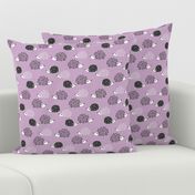 Scandinavian sweet hedgehog illustration for kids gender neutral spring black and white pink lilac violet