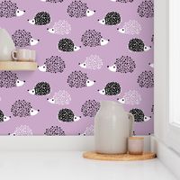 Scandinavian sweet hedgehog illustration for kids gender neutral spring black and white pink lilac violet