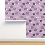 Scandinavian sweet hedgehog illustration for kids gender neutral spring black and white pink lilac violet