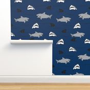 shark attack // navy blue shark fin summer sharks fabric shark design