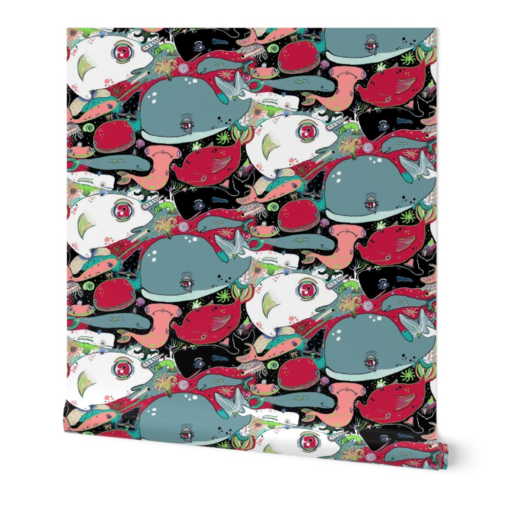 whale narwhal hammerhead shark sealife, red blue green black pink turquoise coral white gray