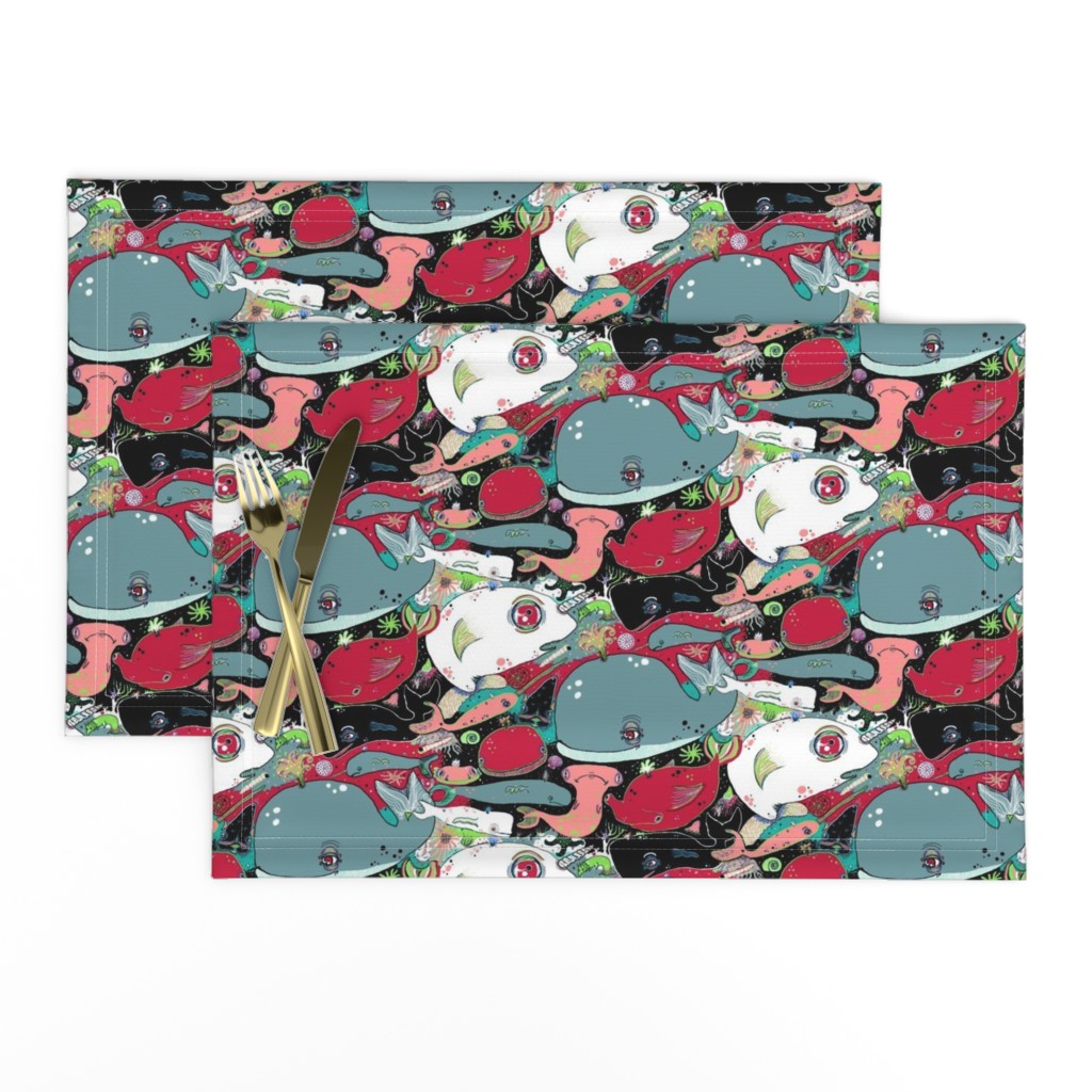 whale narwhal hammerhead shark sealife, red blue green black pink turquoise coral white gray