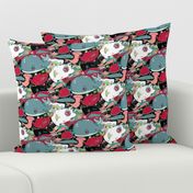 whale narwhal hammerhead shark sealife, red blue green black pink turquoise coral white gray