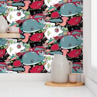 whale narwhal hammerhead shark sealife, red blue green black pink turquoise coral white gray