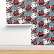 whale narwhal hammerhead shark sealife, red blue green black pink turquoise coral white gray
