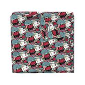 whale narwhal hammerhead shark sealife, red blue green black pink turquoise coral white gray