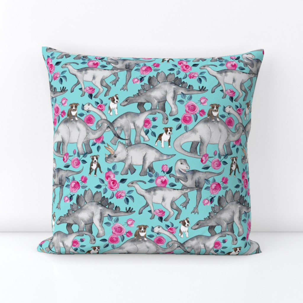 Boston Terriers, Dinosaurs and Roses - turquoise