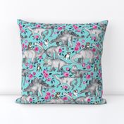 Boston Terriers, Dinosaurs and Roses - turquoise