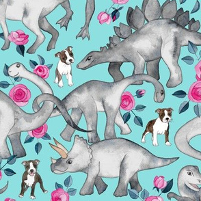 Boston Terriers, Dinosaurs and Roses - turquoise