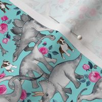 Tiny Boston Terriers, Dinosaurs and Roses - turquoise