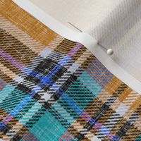 Ocher + aqua cheerful Stewart plaid linen-weave by Su_G_©SuSchaefer