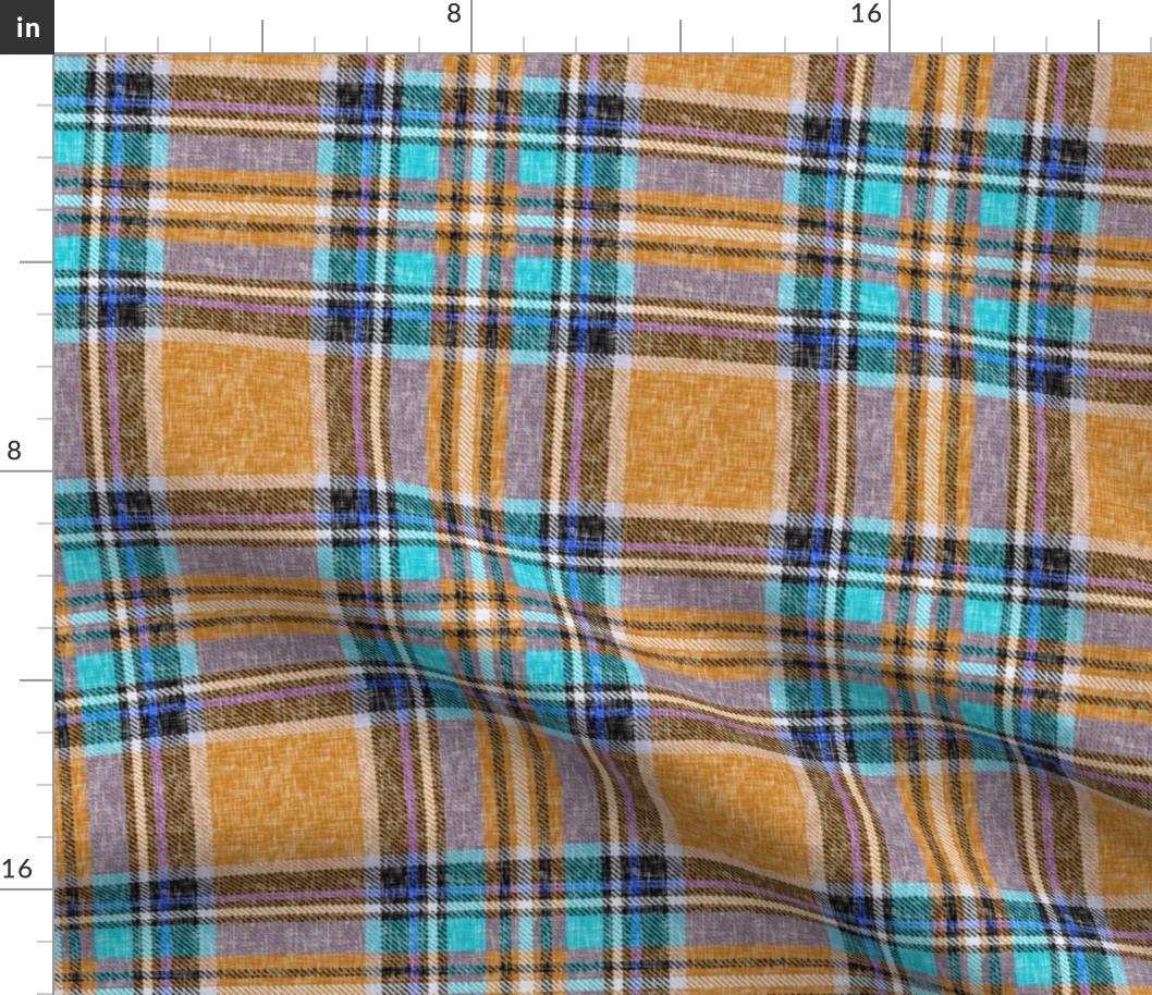 Ocher + aqua cheerful Stewart plaid linen-weave by Su_G_©SuSchaefer