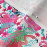 Watercolor flamingo palm and floral garden / tropical paradise